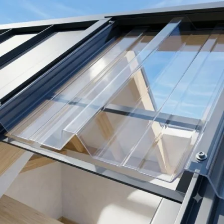 Close-up of a tilted glass skylight on a modern building, with metal framing and a blue sky above.