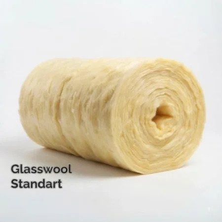 Roll of glass wool insulation on a white background, labeled 'Glasswool Standart'
