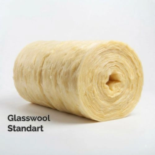 Roll of glass wool insulation on a white background, labeled 'Glasswool Standart'