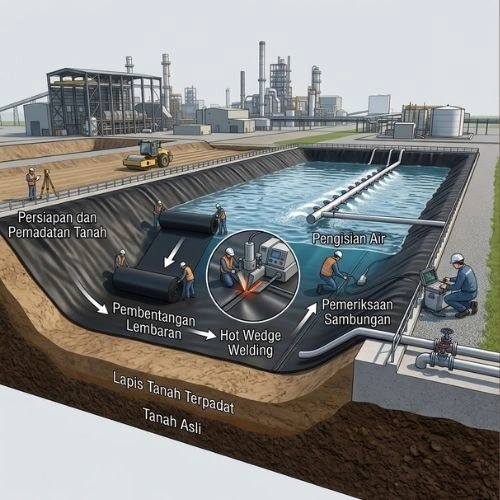Supplier Geomembrane HDPE untuk berbagai kebutuhan pelapisan tambak, kolam, dan proyek konstruksi. Geomembrane HDPE menjadi solusi inovatif sebagai pelapis kedap air yang membantu mengurangi rembesan dan menjaga kualitas area yang dilapisi. Tersedia pilihan Geomembrane HDPE 300 micron, 500 micron, Dapatkan Harga Geomembrane Per roll, Harga Plastik Geomembran Per m2 & Harga Geomembrane HDPE 2 mm yang sesuai dengan kebutuhan proyek Anda, baik untuk tambak & kolam