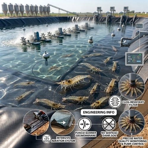 Supplier Geomembrane HDPE untuk berbagai kebutuhan pelapisan tambak, kolam, dan proyek konstruksi. Geomembrane HDPE menjadi solusi inovatif sebagai pelapis kedap air yang membantu mengurangi rembesan dan menjaga kualitas area yang dilapisi. Tersedia pilihan Geomembrane HDPE 300 micron, 500 micron, Dapatkan Harga Geomembrane Per roll, Harga Plastik Geomembran Per m2 & Harga Geomembrane HDPE 2 mm yang sesuai dengan kebutuhan proyek Anda, baik untuk tambak & kolam