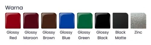 Warna+Gnet+Spandek - Berkah Sentosa - Berkah Sentosa Palette of color swatches labeled 'Warna': Glossy Red, Glossy Maroon, Glossy Brown, Glossy Blue, Glossy Green, Glossy Black, Black Matte, Zinc.
