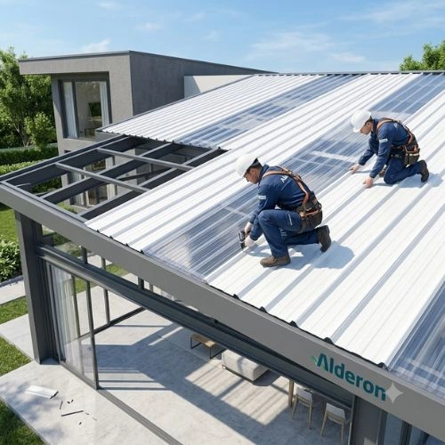 Butuh Atap Alderon Transparan T-Series? Hubungi Toko Berkah Sentosa - Berkah Sentosa - Berkah Sentosa Two construction workers in hard hats and safety harnesses kneel on a sloped metal roof, installing panels on a modern building.