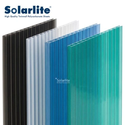 Butuh Atap Polycarbonate Solarlite? Hubungi Toko Berkah Sentosa - Berkah Sentosa - Berkah Sentosa SolarLite logo above a row of colored polycarbonate sheets in black, gray, blue, and teal