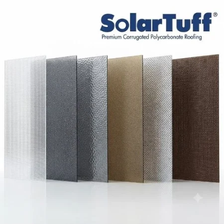 SolarTuff logo above a row of textured corrugated polycarbonate roofing panels in white, gray, bronze, and brown on a white backdrop.
