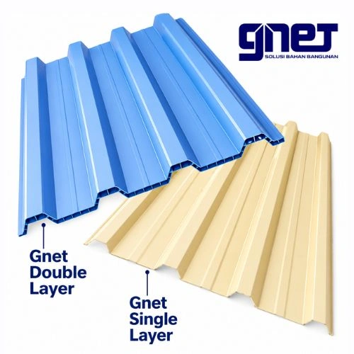 Butuh GNET Atap uPVC? Hubungi Toko Berkah Sentosa - Berkah Sentosa - Berkah Sentosa Blue double-layer and beige single-layer corrugated metal roofing sheets from Gnet, with logo in the corner of the image.