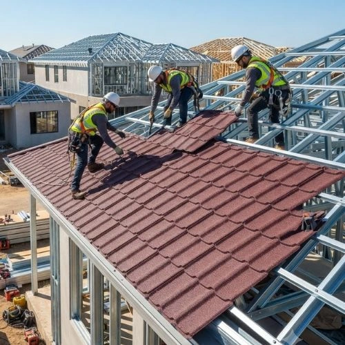 Three construction workers in safety vests and helmets install red roof tiles on a metal-framed building.