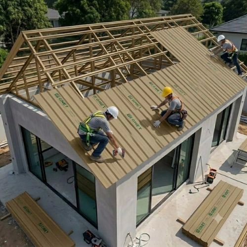 Butuh GNET Atap uPVC Single-Layer? Hubungi Toko Berkah Sentosa - Berkah Sentosa - Berkah Sentosa Construction workers in hard hats install roof sheathing on a sloped modern house, laying wooden panels across the roof frame.