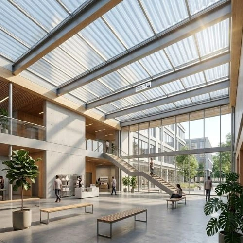Sunlit modern office atrium with a glass roof, concrete walls, a central staircase, benches, and people walking or sitting.