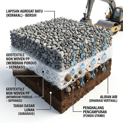 Kami menyediakan Geotextile Non Woven sebagai solusi untuk berbagai kebutuhan separasi, filtrasi, insulasi, hingga stabilisasi tanah, Insulasi Stabilisasi Tanah, Insulasi Perkuatan Struktur Jalan, sistem drainase dan berbagai proyek infrastruktur. Dapatkan informasi Harga Geotextile Per Roll, Harga Geotextile Non Woven, Harga Woven Geotextile 4×50m & 4×100m