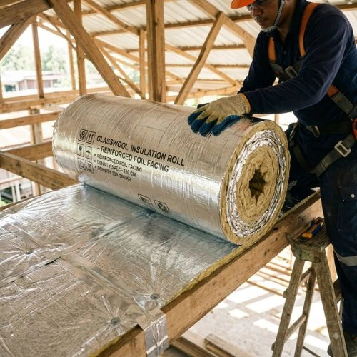 Construction worker wearing safety gear unrolling a roll of glasswool insulation with foil facing on a wooden scaffold in a building under construction.