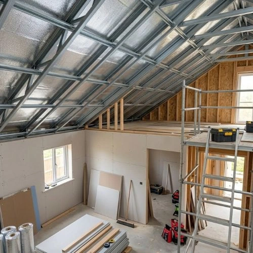 Construction site in an unfinished attic: metal roof trusses, plywood walls, scattered lumber, and a metal scaffold beside a window.