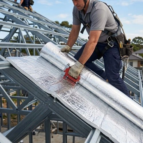 Construction worker on a sloped metal roof, pressing a seam roller to secure reflective foil underlayment on a steel frame vehicle-free area