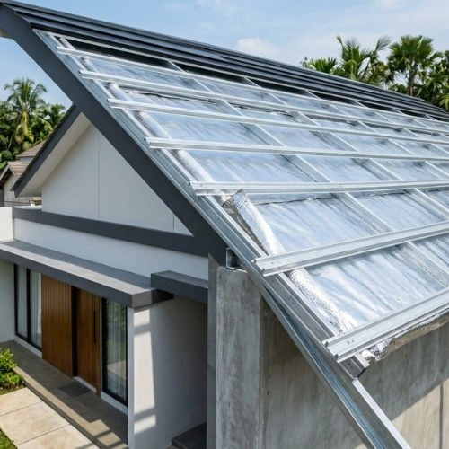 Sloped glass skylight system on a modern home, framed in metal and letting in daylight through clear panels.